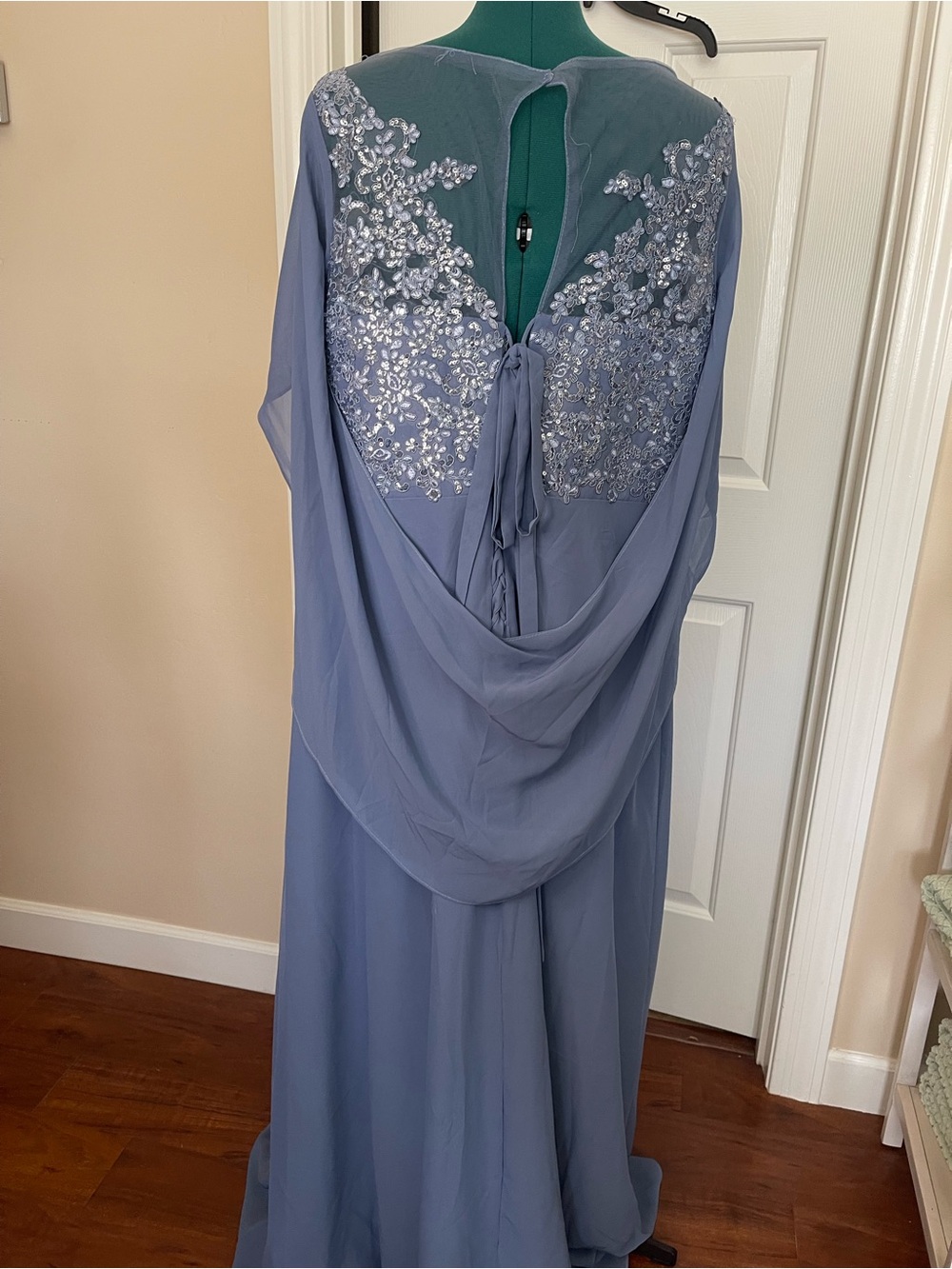 Plus-Size Dusty Blue Embroidered Maxi Dress with Cape Sleeves - Picture 5 of 13